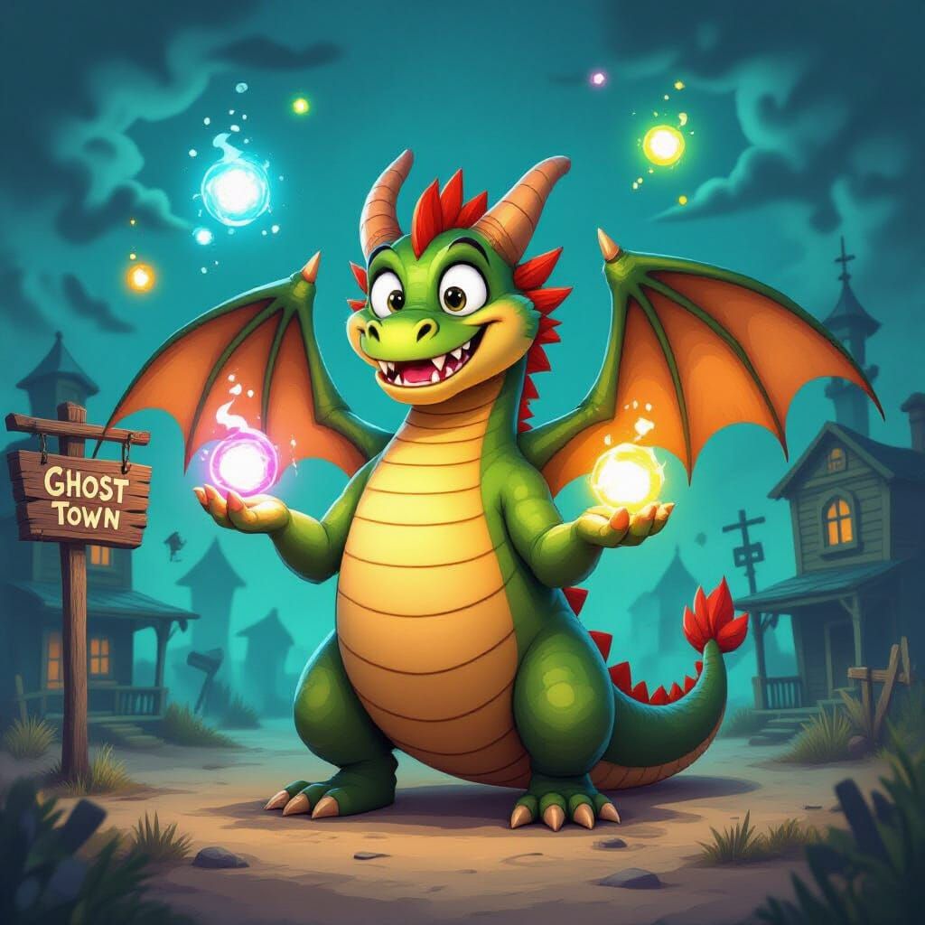 Friendly Dragon Juggles Magic Orbs in Cartoon Ghost Town