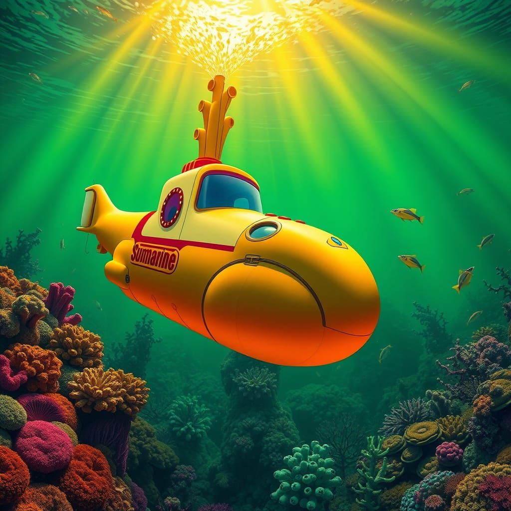 Yellow Submarine in Psychedelic Underwater World