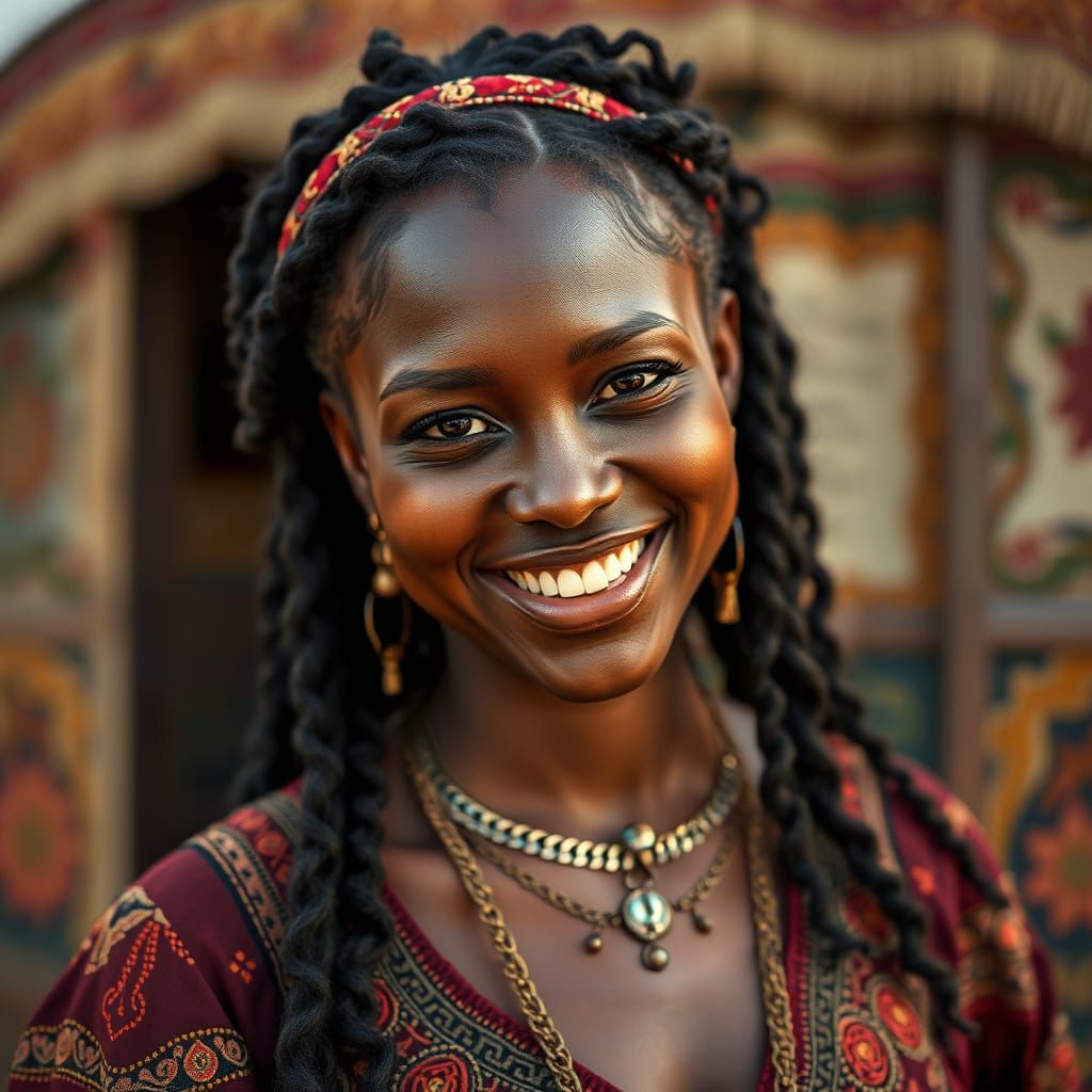 Smiling Woman in Gypsy Dress, Photorealistic Image