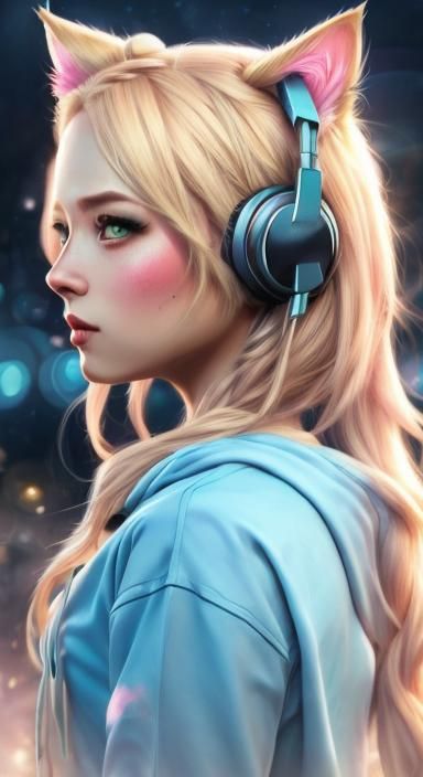 Anime Girl with Cat Ears and Pastel Accents