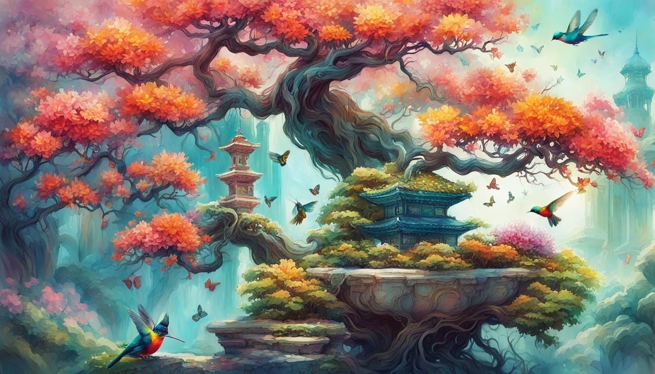 Chinese Imperial Gardener Pruning Bonsai Tree