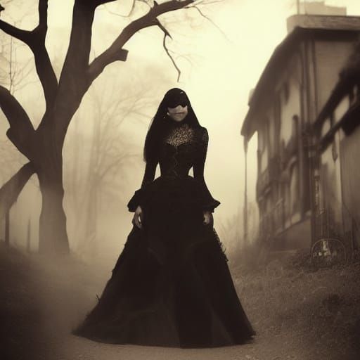 Gothic Model in Fog: Surrealist Black and White Photography