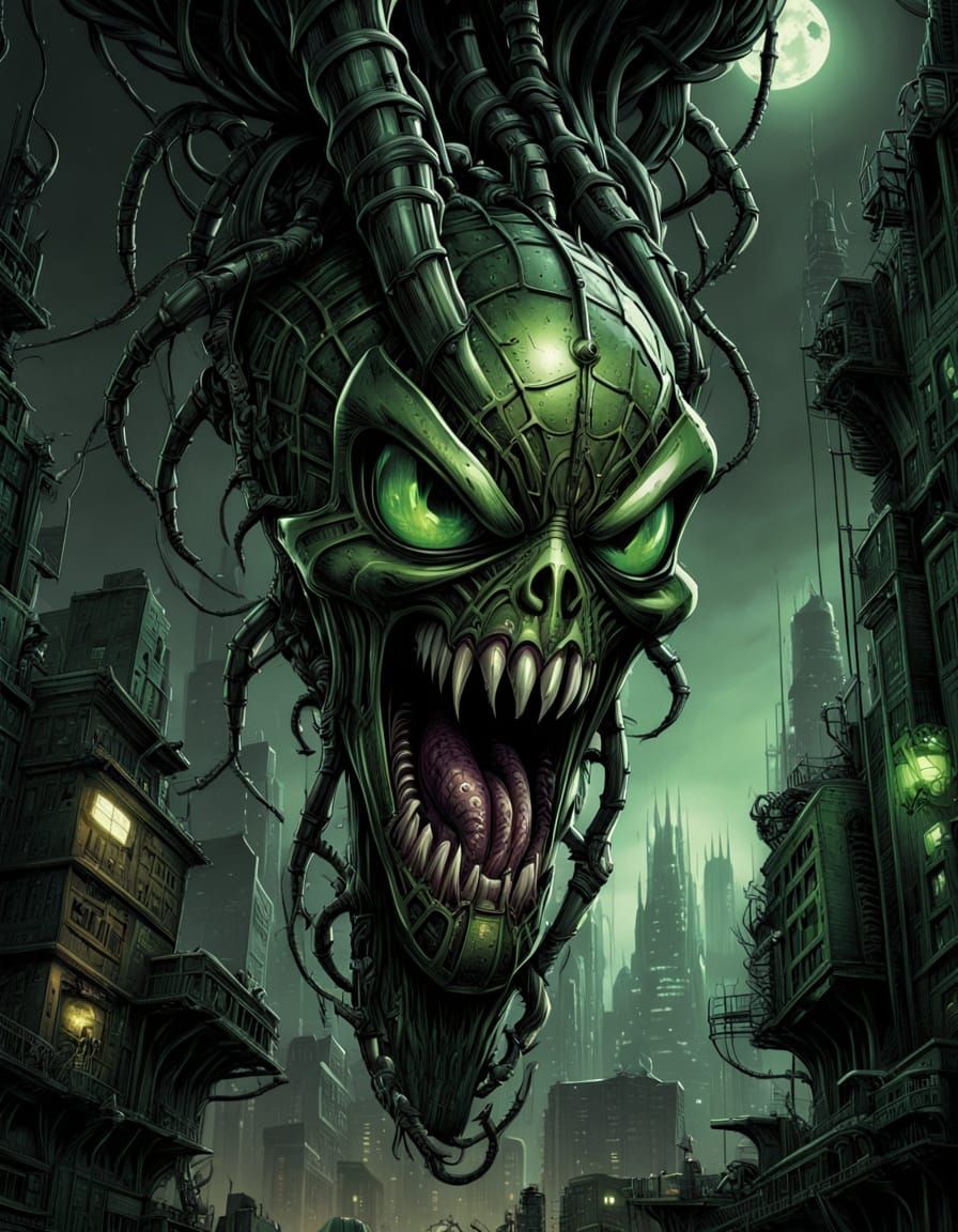 Grimy Biomechanical Spider-Man in Industrial Cityscape