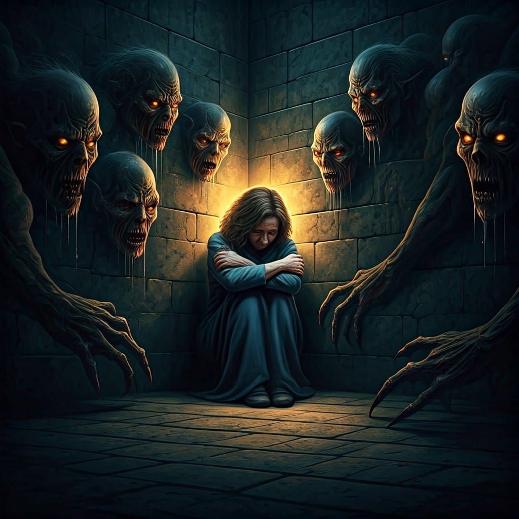 Eerie Woman Surrounded by Dark Fantasy Demons