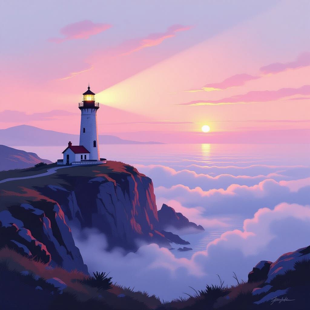 Ancient Lighthouse in Misty Dawn Oil Painting