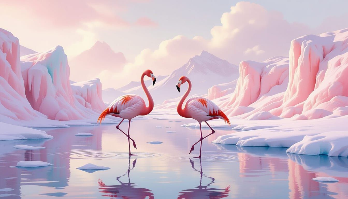Pink Flamingos on Icy Water in Pastel Hues