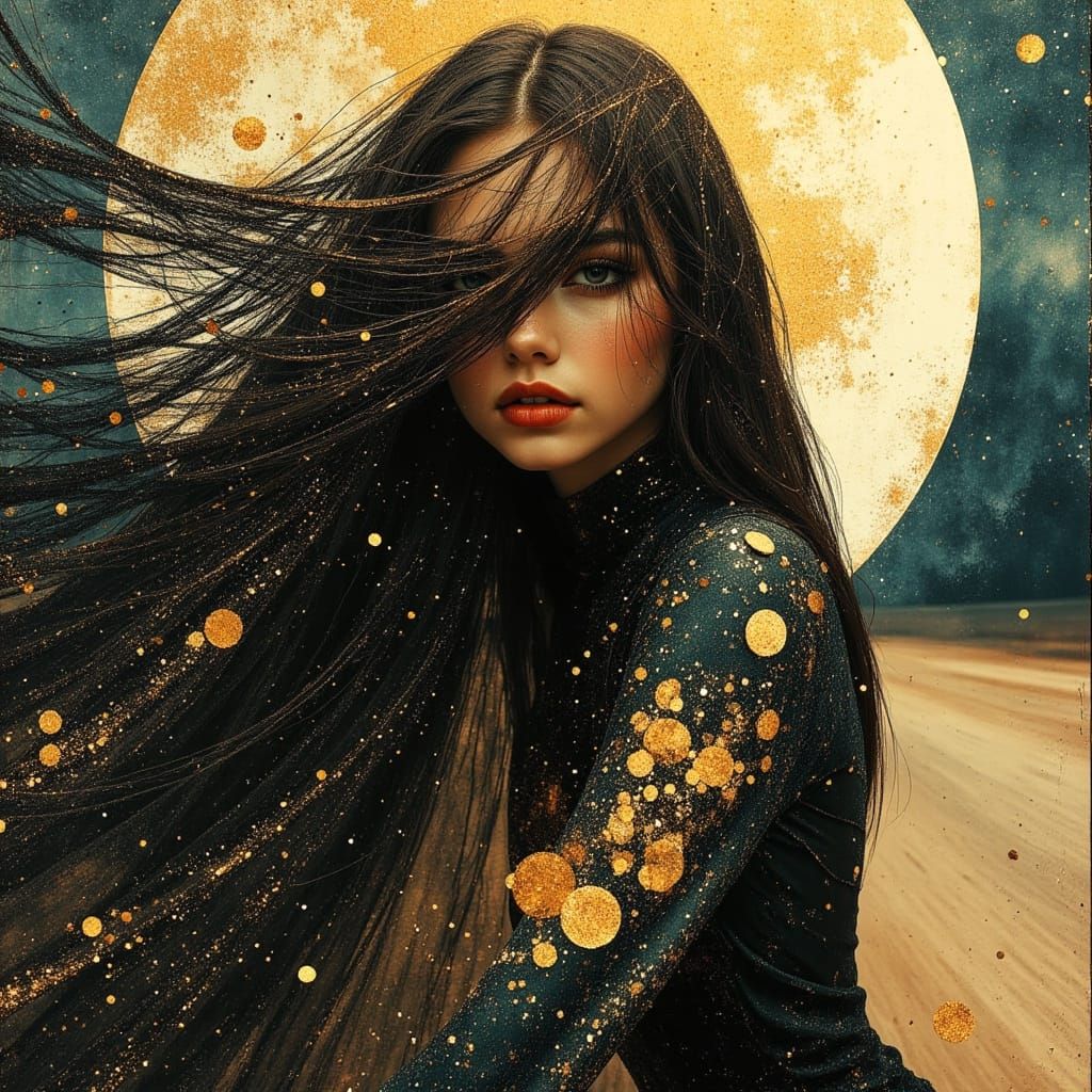 African Fairy Goddess Rides Motorcycle Under Full Moon