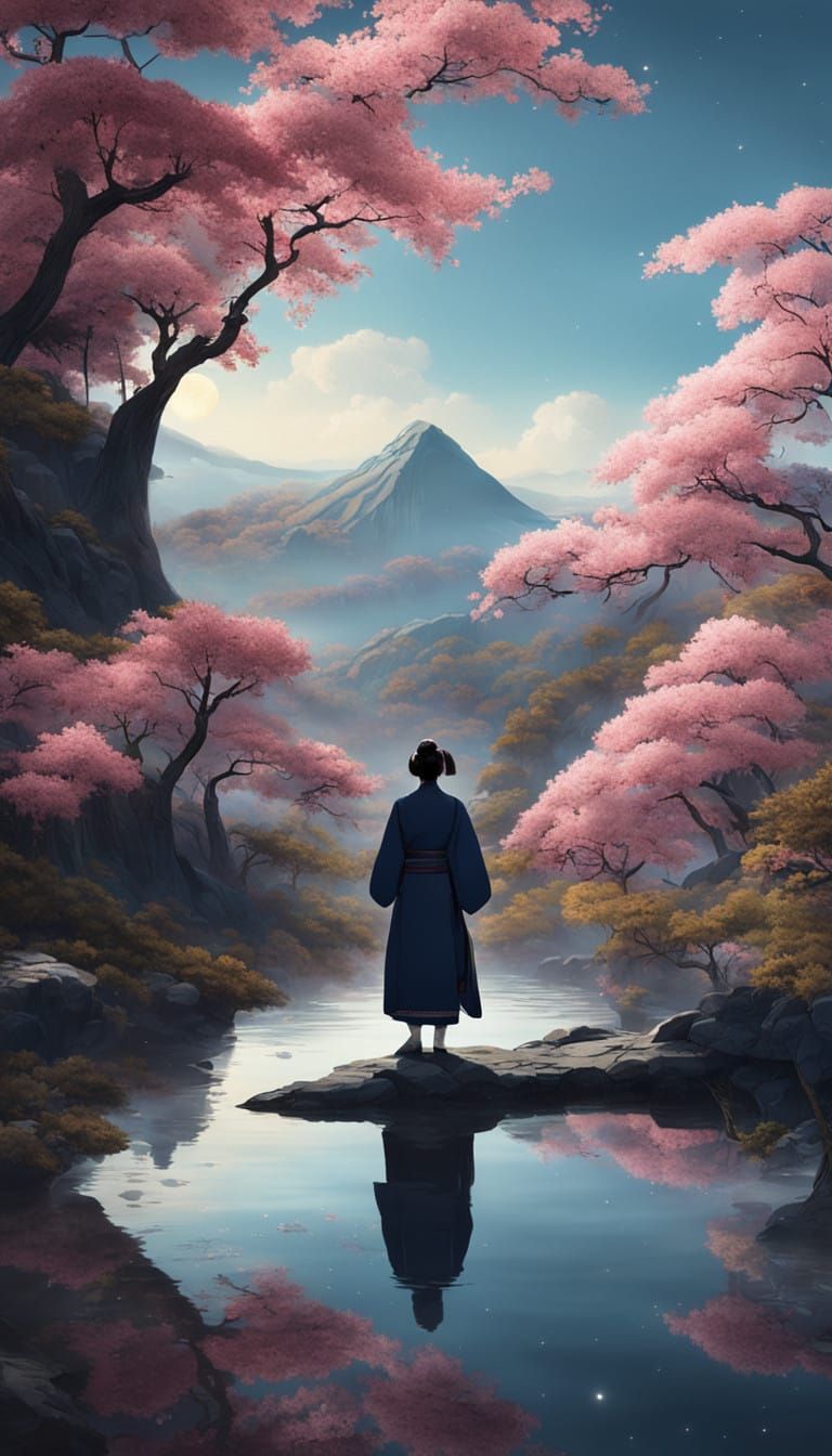 Japanese Lady in Serene Reflection at Moonlit Lake