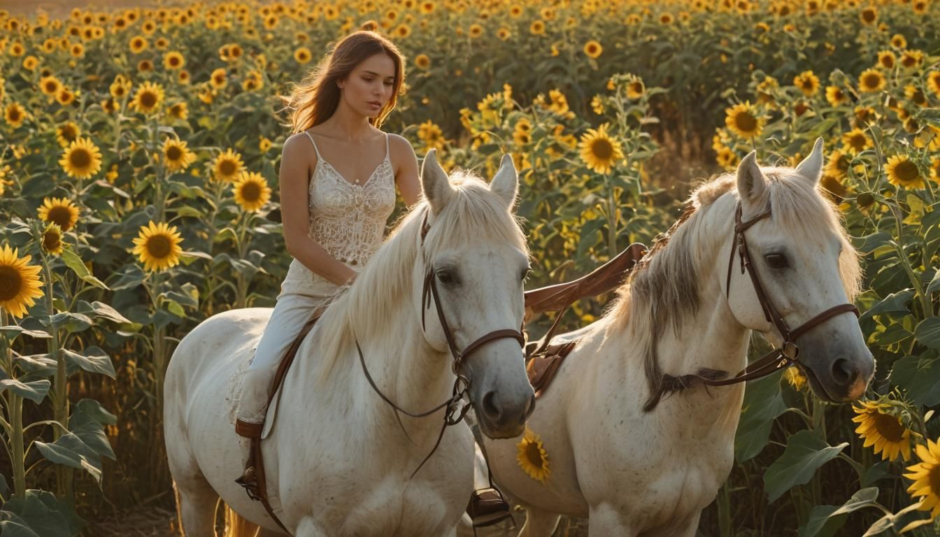 Girl on White Horse in Sunflower Field