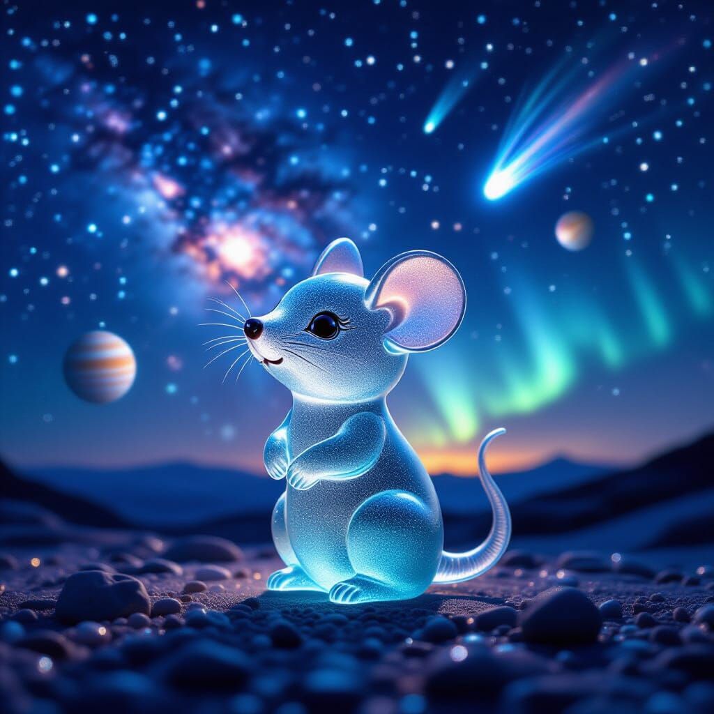 Translucent Sea Glass Chibi Mouse Under Starry Night Sky