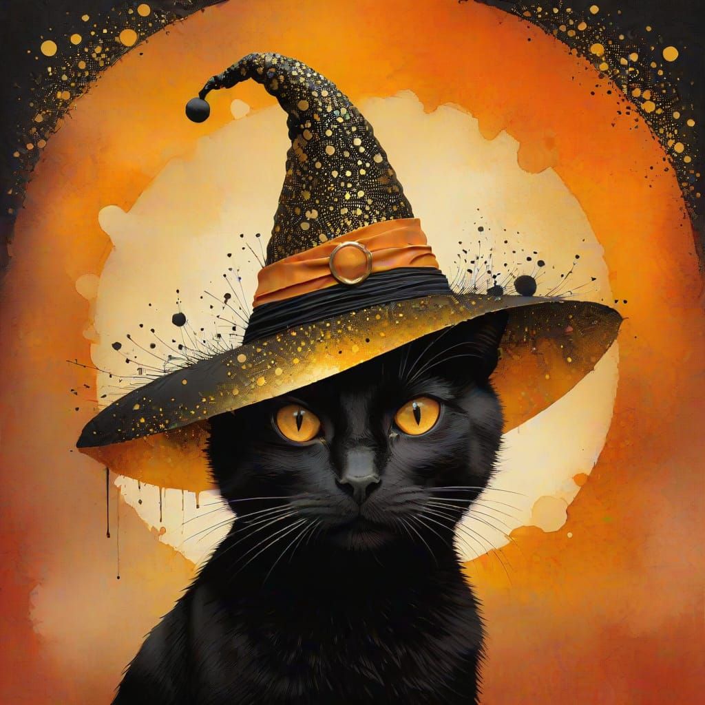 Whimsical Witch Cat in Vibrant Splatter Art