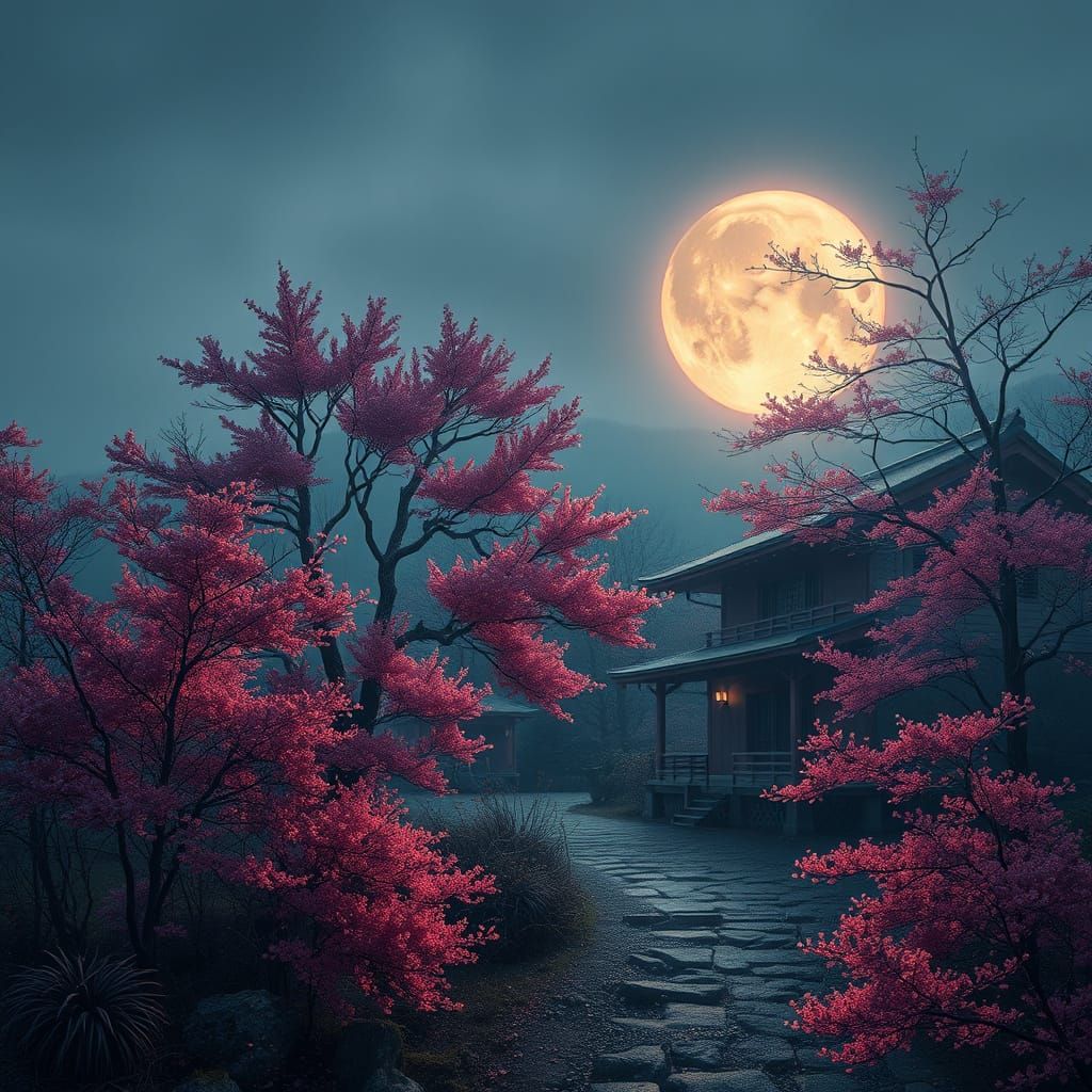 Peacock in Cherry Blossom Landscape Inspired by Impressionis...