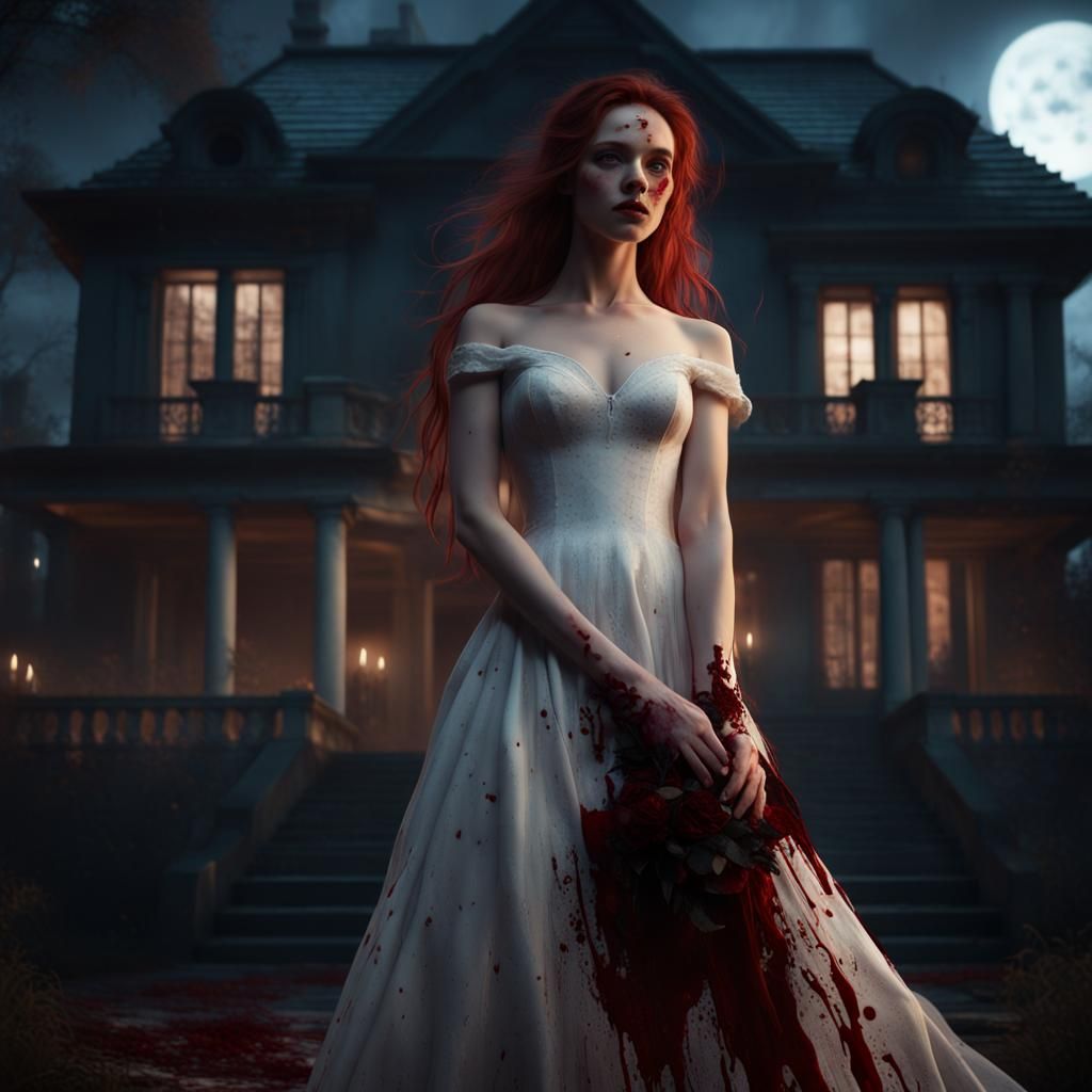 Auburn Haired Woman in Bloody Dress at Night