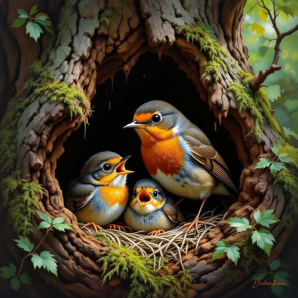 Mother Robin Feeds Chicks in Ancient Oak Hollow