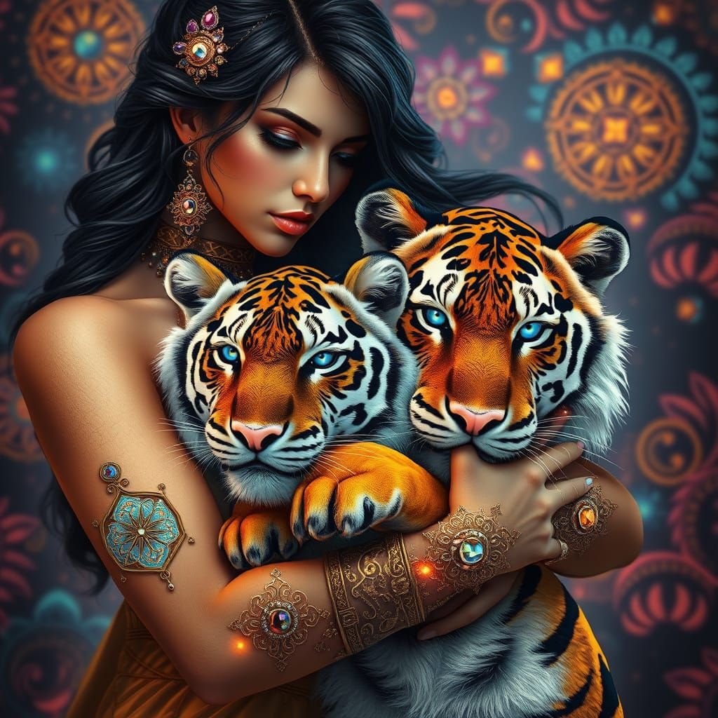 Mystical Goddess and Her Gradient Tiger Companion