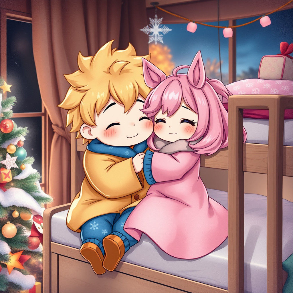Chibi Boy and Sister Sleeping: Anime Style Christmas