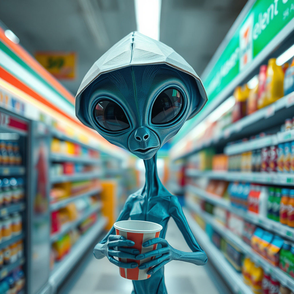 Origami Alien Shopping at 7-Eleven, Surrealist Style
