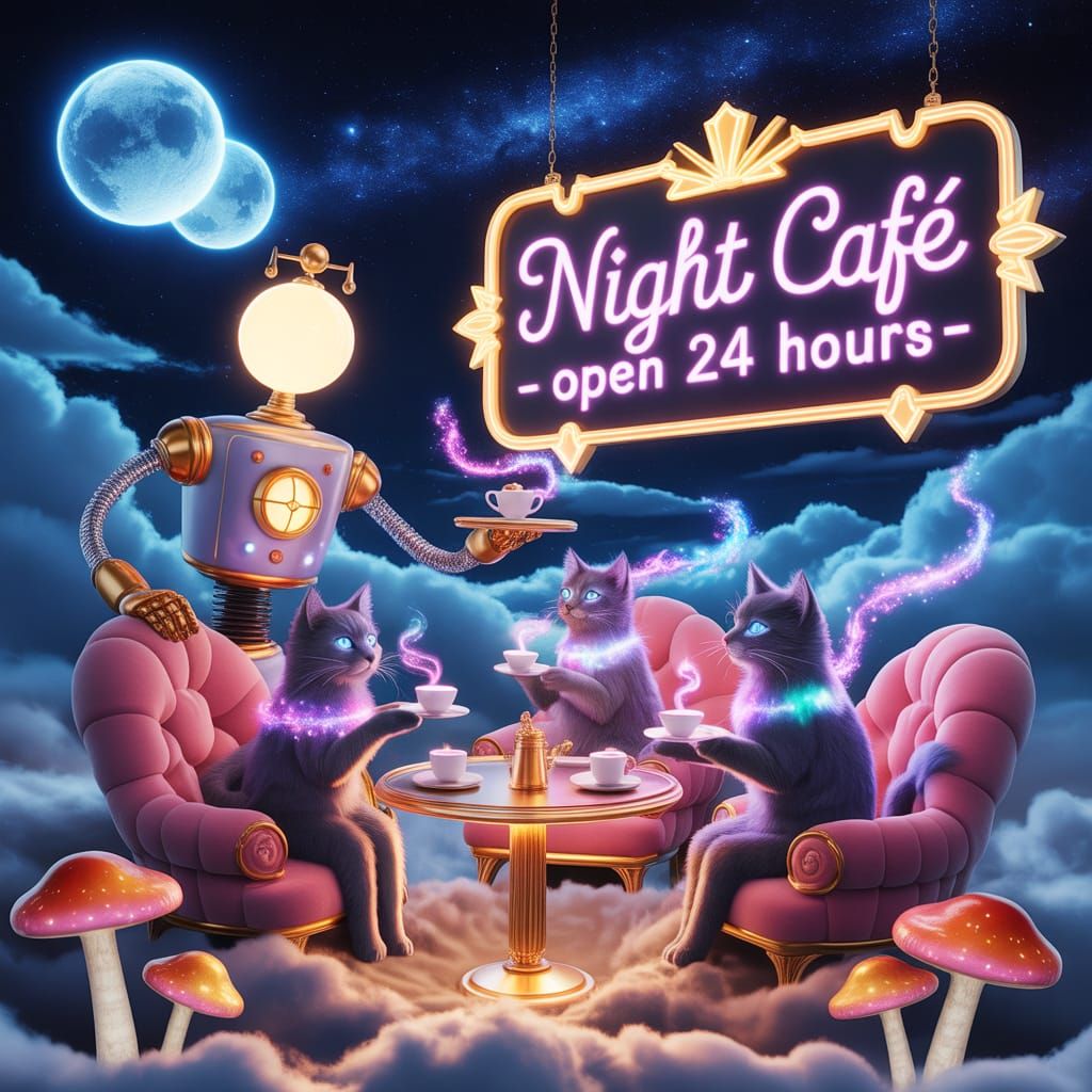Surreal Night Cafe in the Sky with Robot Butler