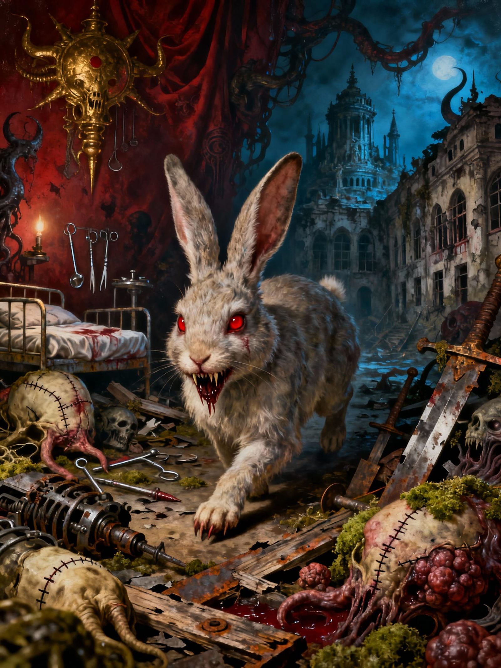 Surreal Dark Fantasy Vampire Bunny Cryptid Painting