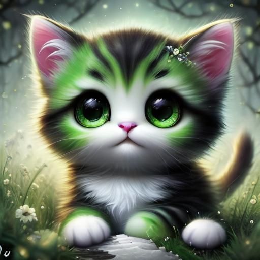 Adorable Kitten in Lush Grass: 3D Digital Art