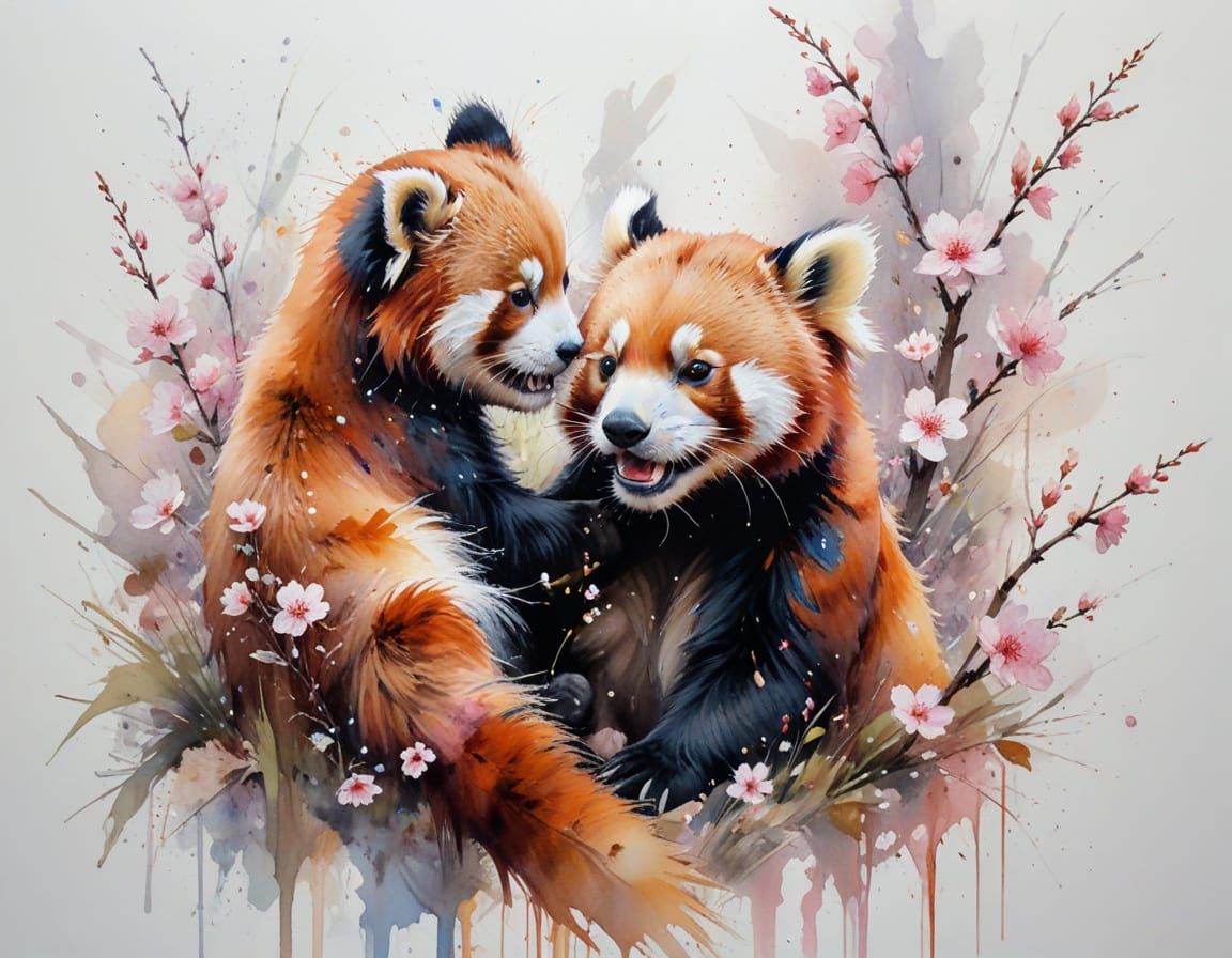Red Pandas in Cherry Blossoms, A Springtime Dream
