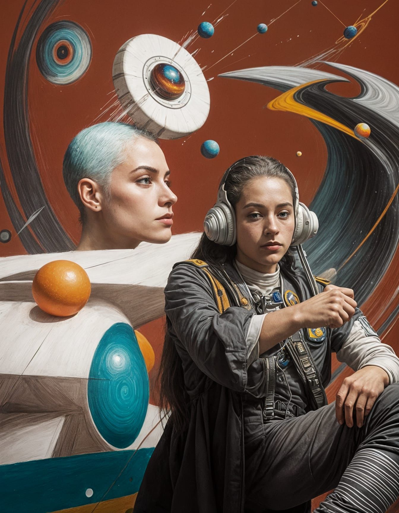 Astronaut Floating in Space with Jupiter and Saturn Storms