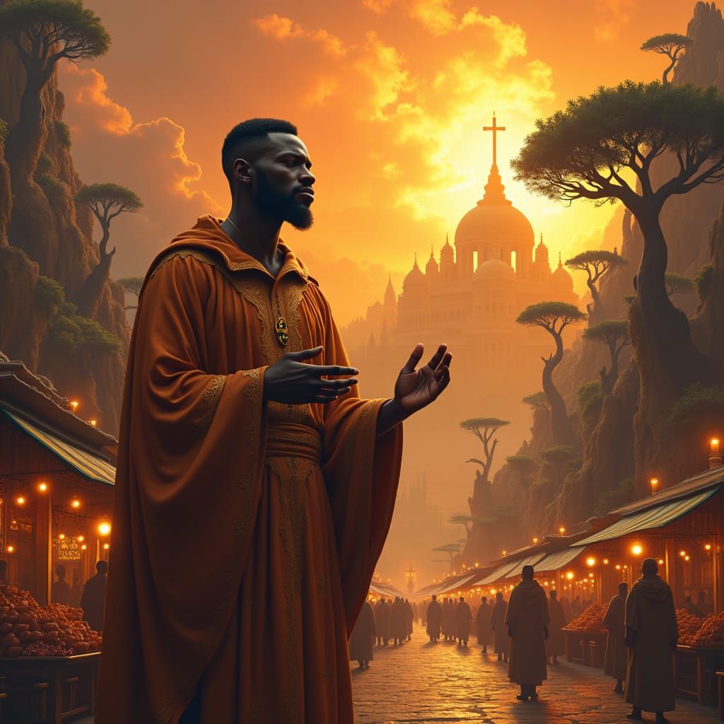 Compassionate Brother in Ancient African Cityscape