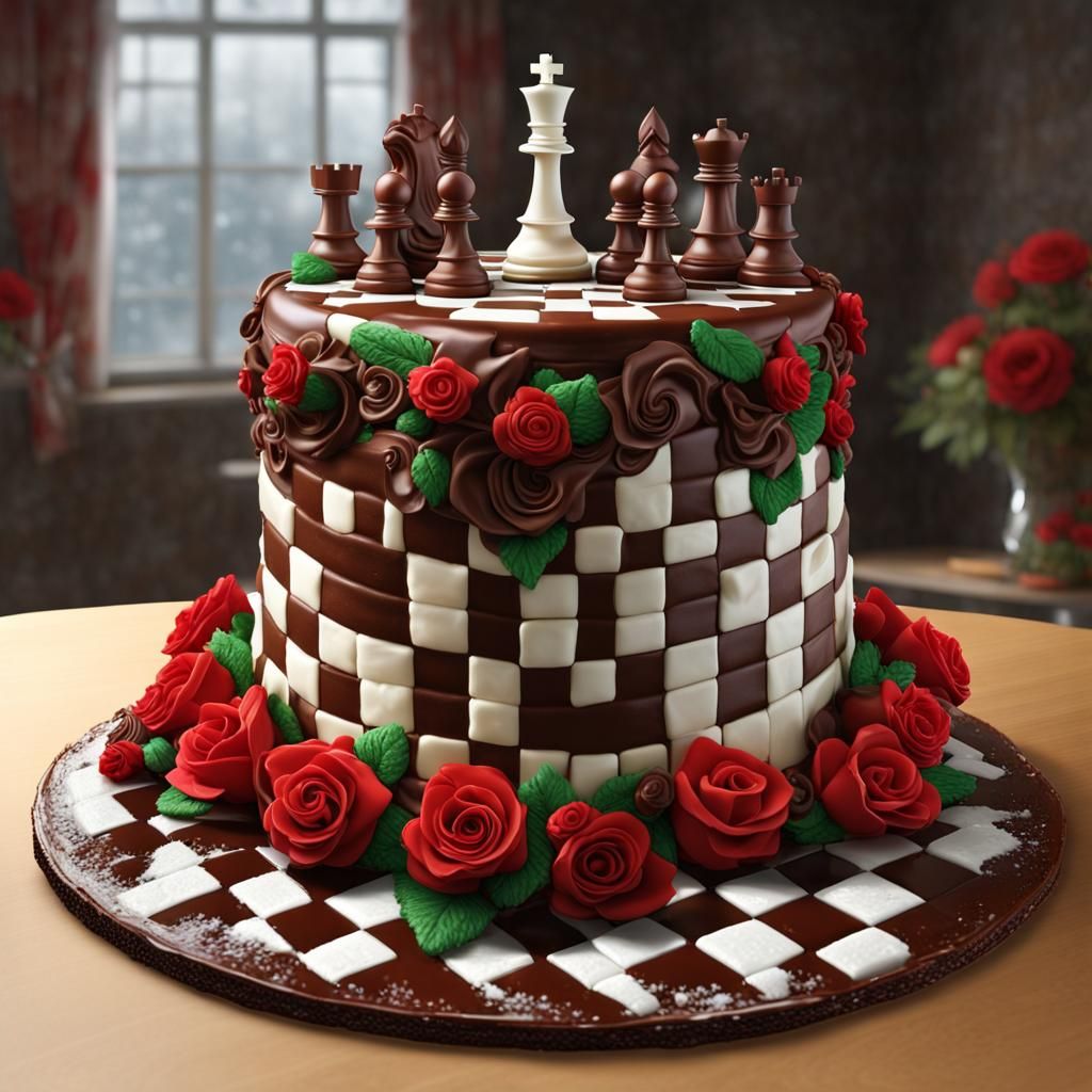 Chessboard Cake with Chocolate Chess Pieces and Roses