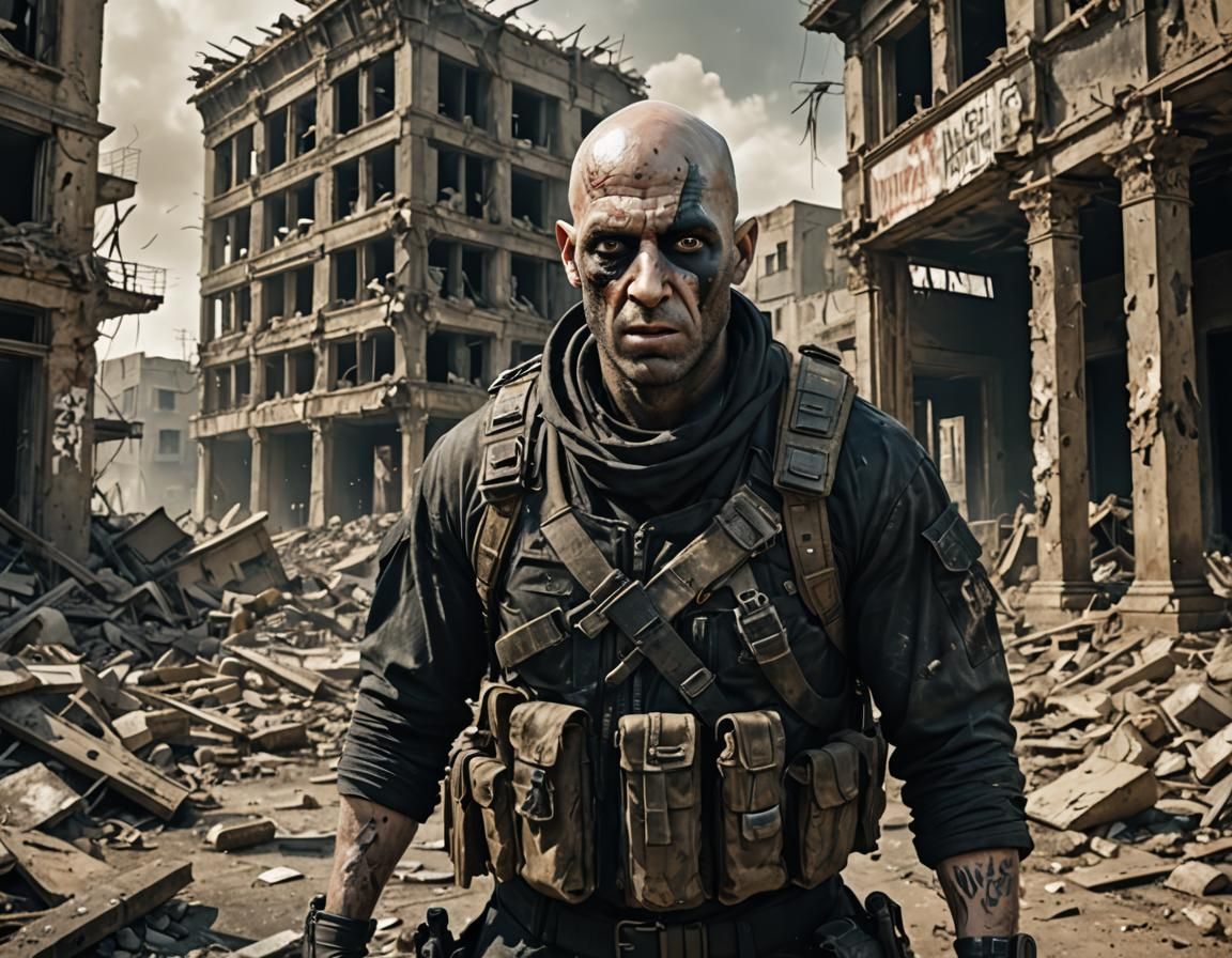 Post-Apocalyptic Psycho Looter in Ruins: Matte Painting