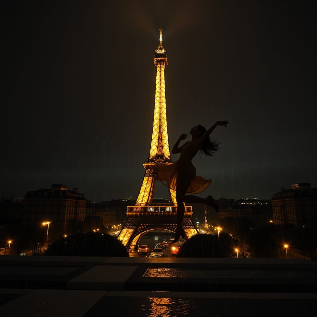 Dancing in Paris Storm: Hyperrealistic Cinematic Image