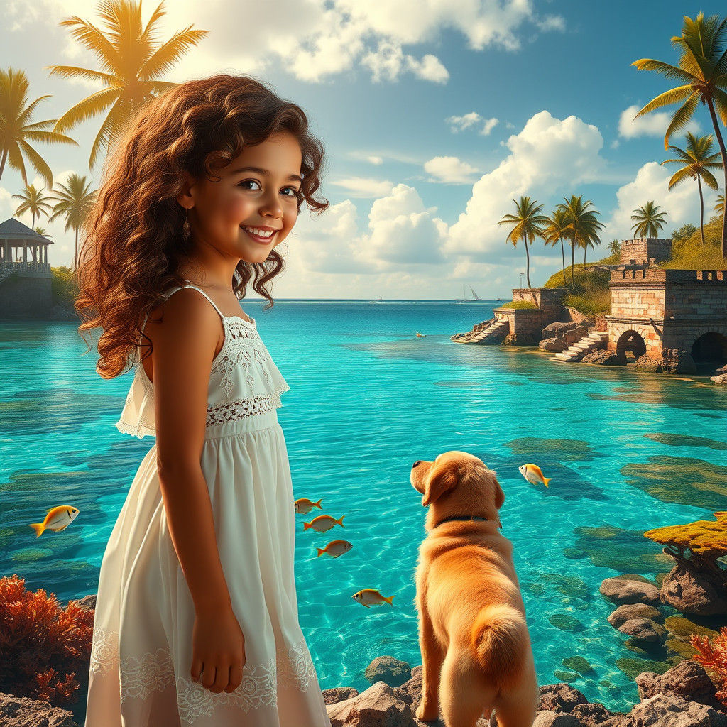 Girl and Dog at Ocean Edge: Matte Painting