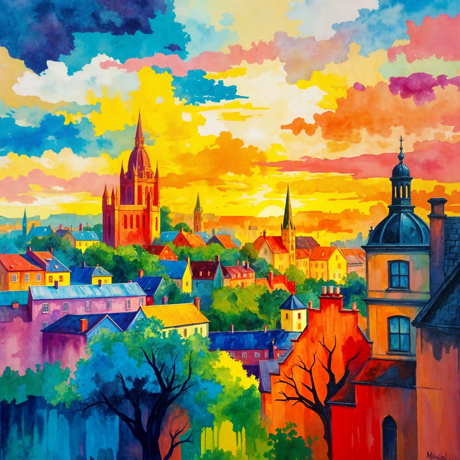 Oxford Skyline in Rainbow Colors as Gouache Painting