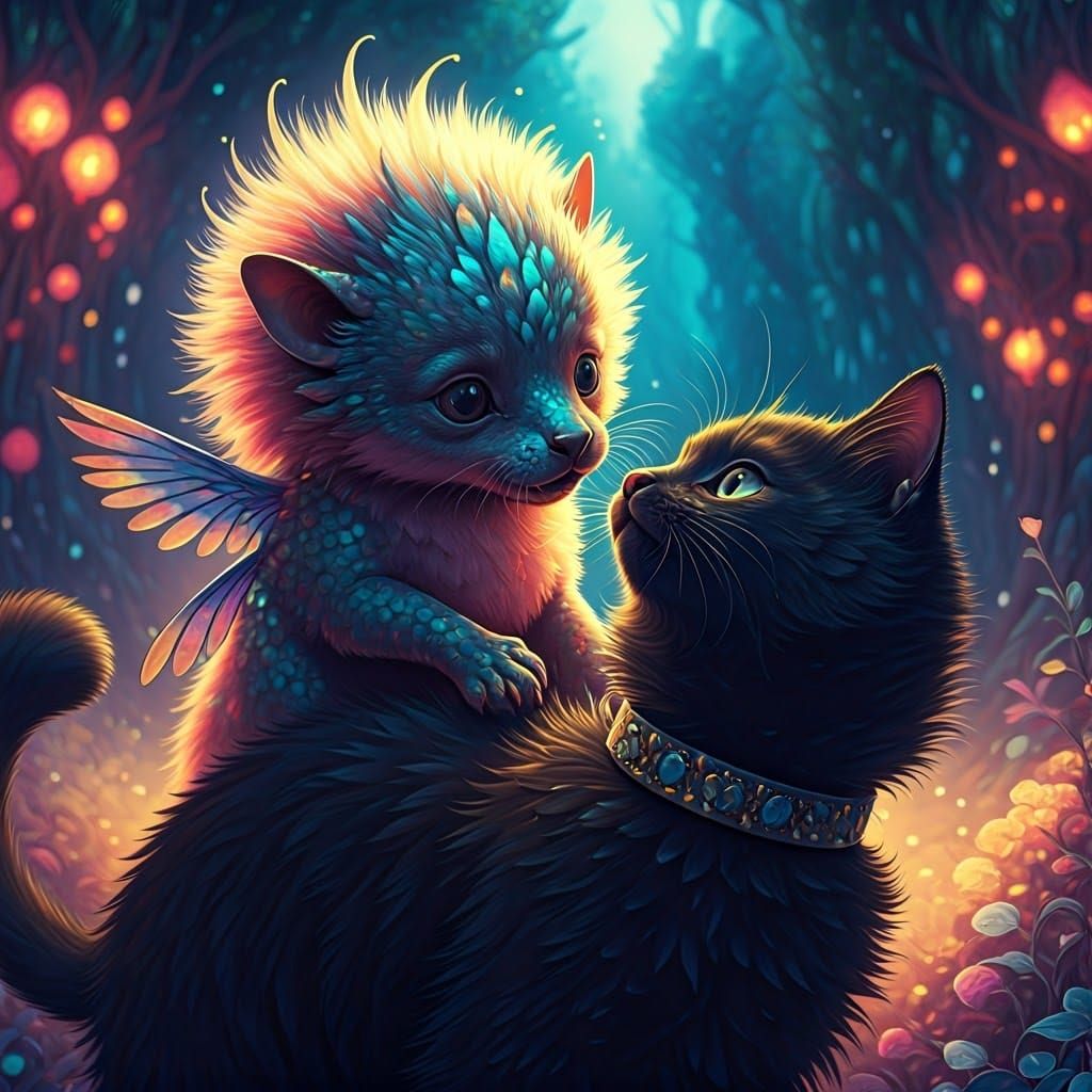 Dragon-Puppy Playfully Pouncing on Cat in Fantasy Art