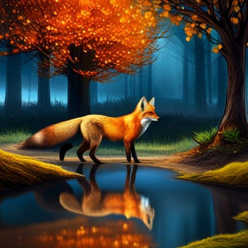 Majestic Fox Reflection Under Autumn Tree
