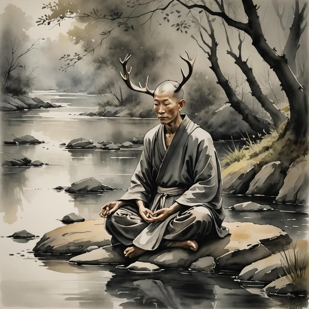 Zen Monk with Antlers: Ink Wash Meditation