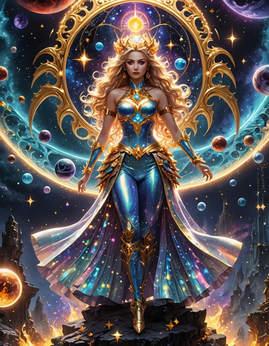 Rainbow Dragon Girl with Metal Skeleton in Space