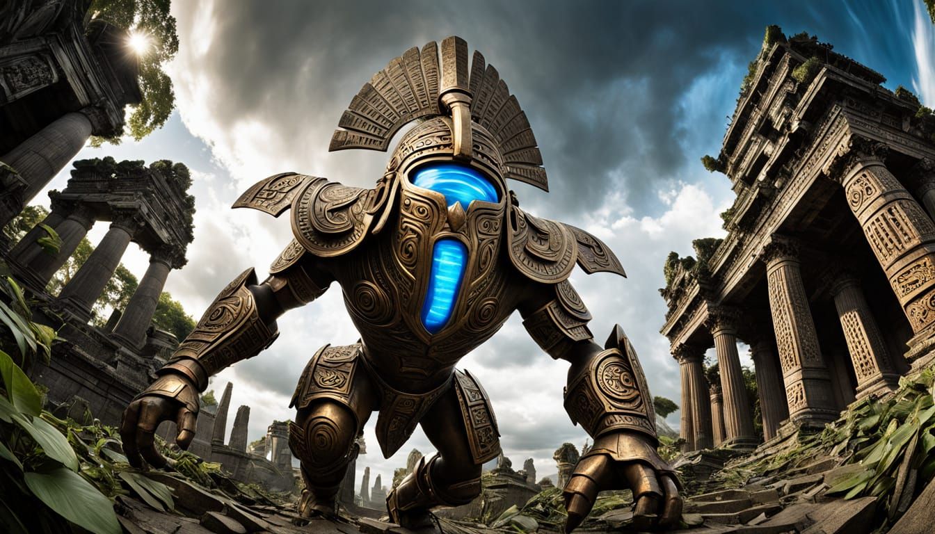 Giant in Jungle Ruins with Fisheye Perspective