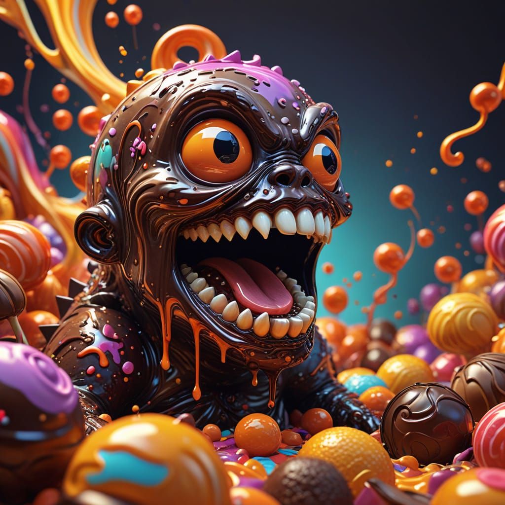 Whimsical Chocolate Monster in a Sugary Landscape