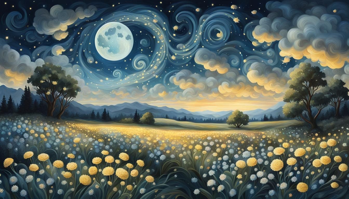 Moonlit Flower Field Landscape with Fireflies