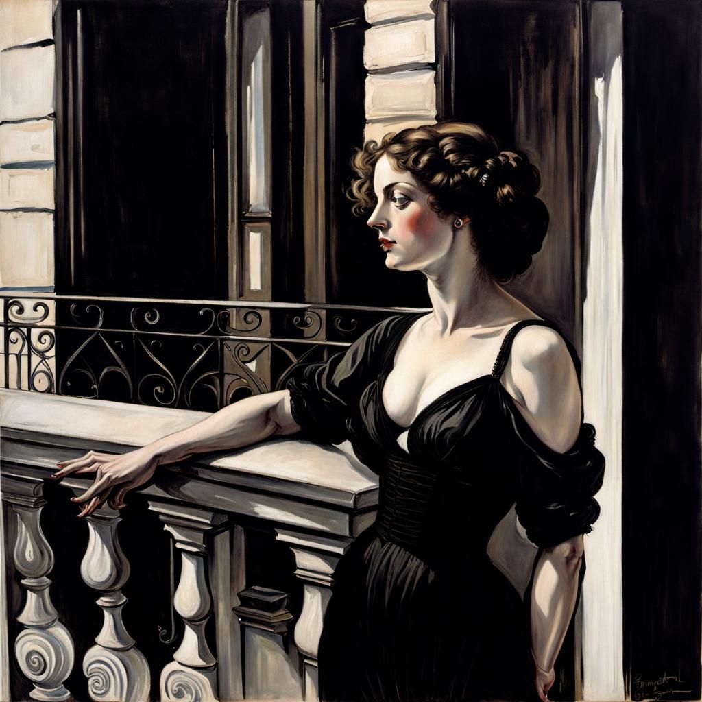 Elegant Woman on Balcony in Classical Style