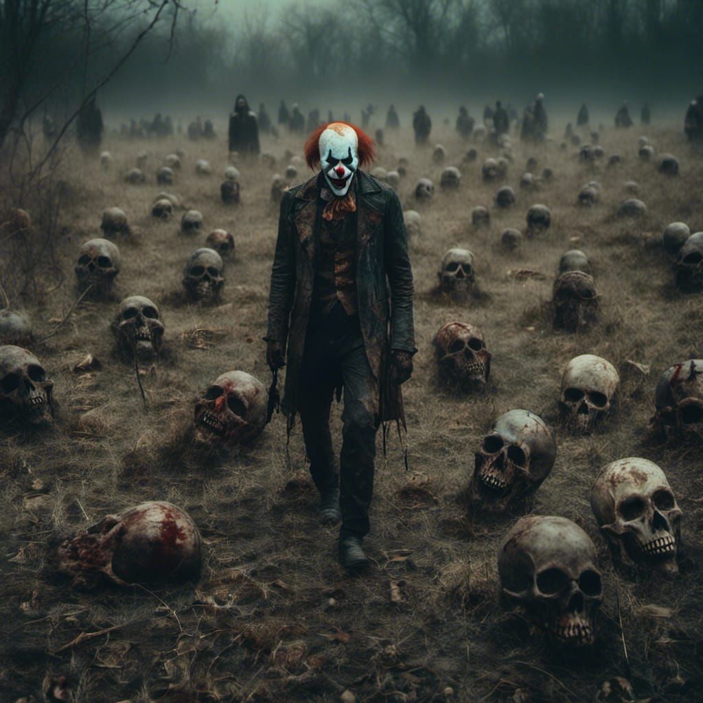 Eerie Clown Figure in Field of Dead