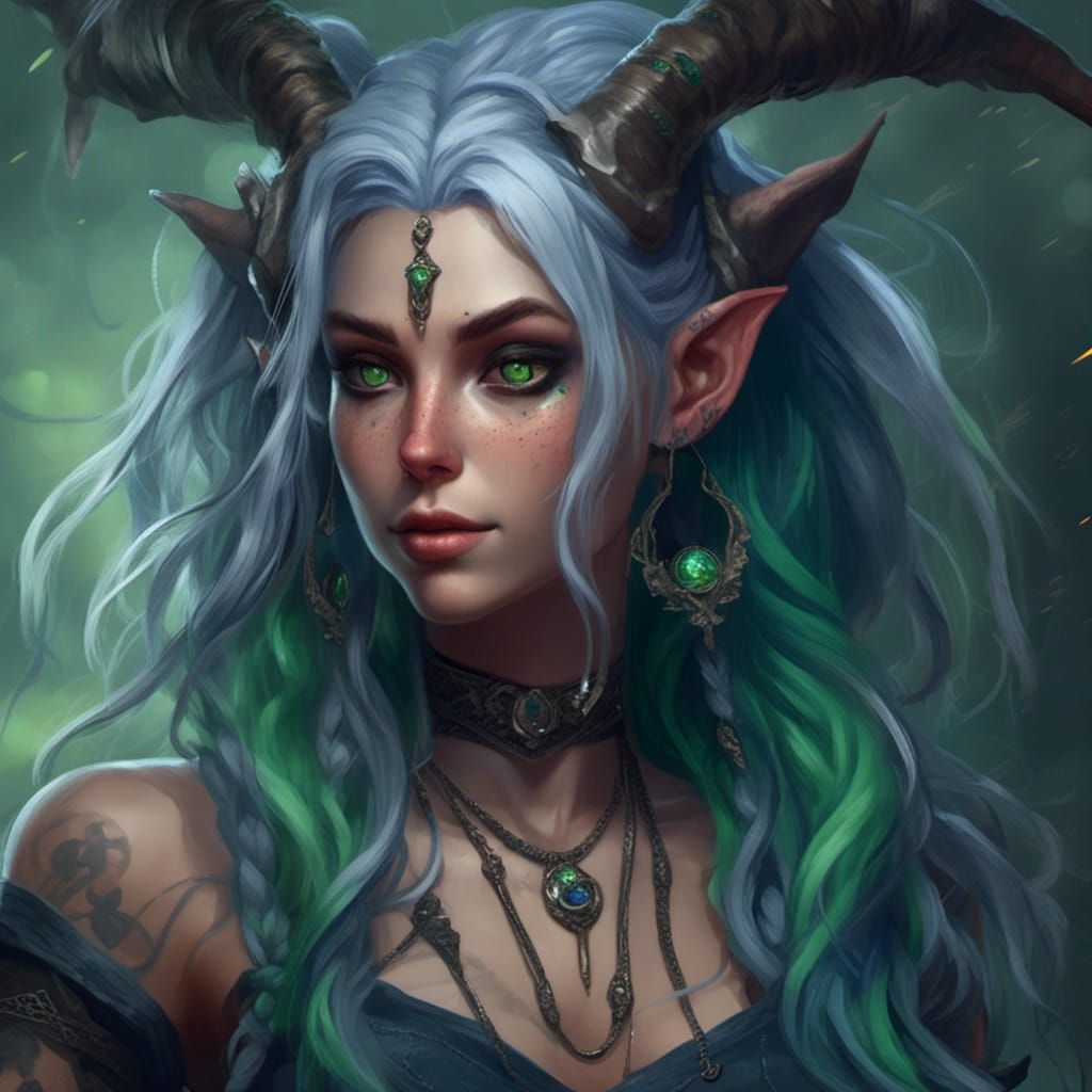 Tiefling Portrait with Blue Hair, in Dark Fantasy Style