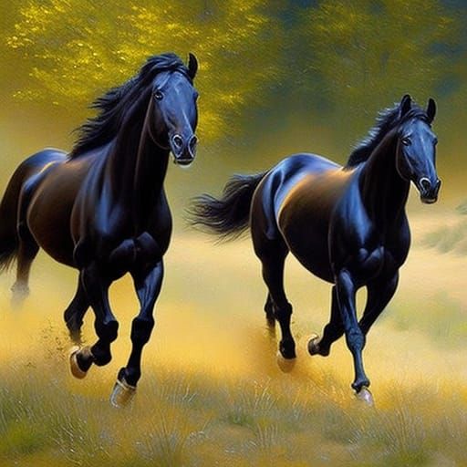 Beautiful black stallions, running in the wild
