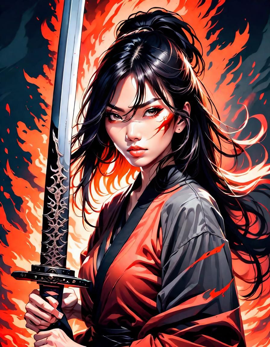 Anime Woman Warrior with Fiery Background