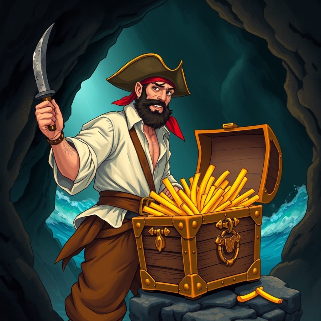 Swashbuckling Pirate Holds Treasure Chest of Golden French F...