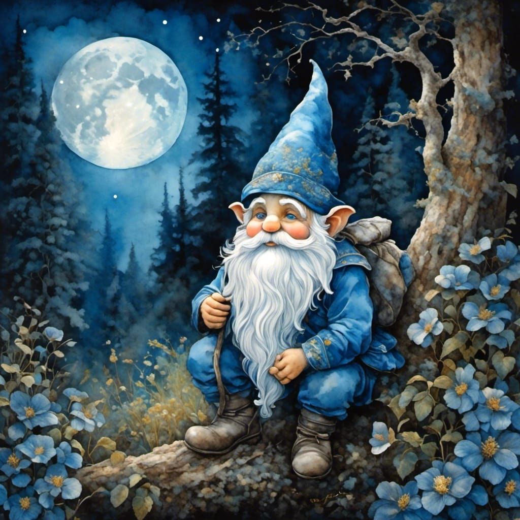 Gnome Watching Moonlight in Blue Watercolour
