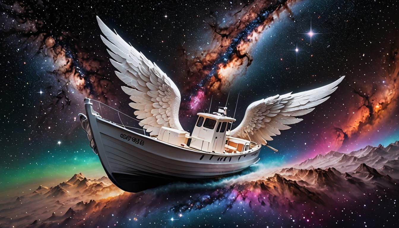 Winged Boat Soaring Through Fluorescent Galaxy