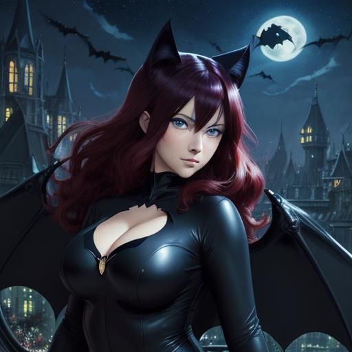 Anime Cat-Woman with Bat Wings in Magic Forest