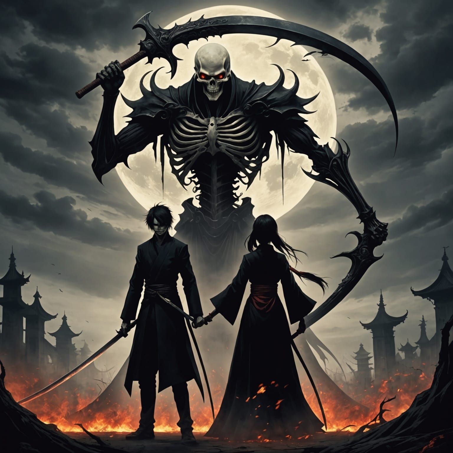 Shinigami Embraces Soul in Hellscape, Anime Art