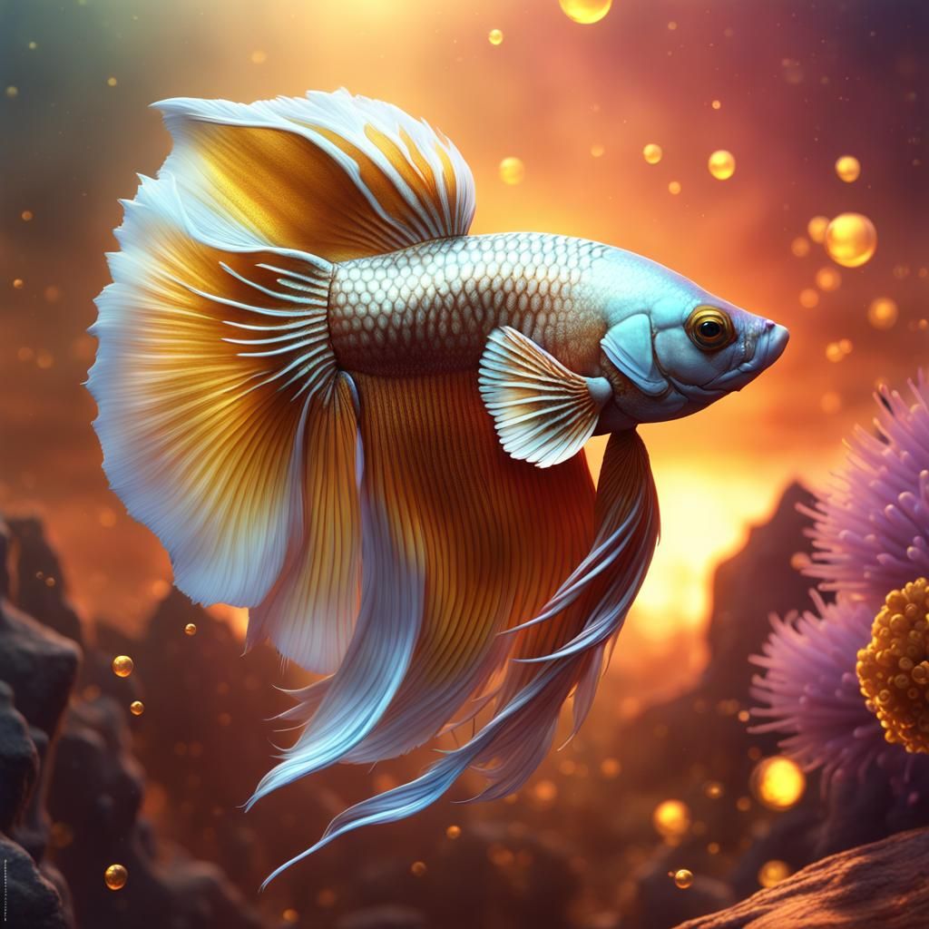 Golden Crown Betta Fish Sunset: Detailed Fantasy Art